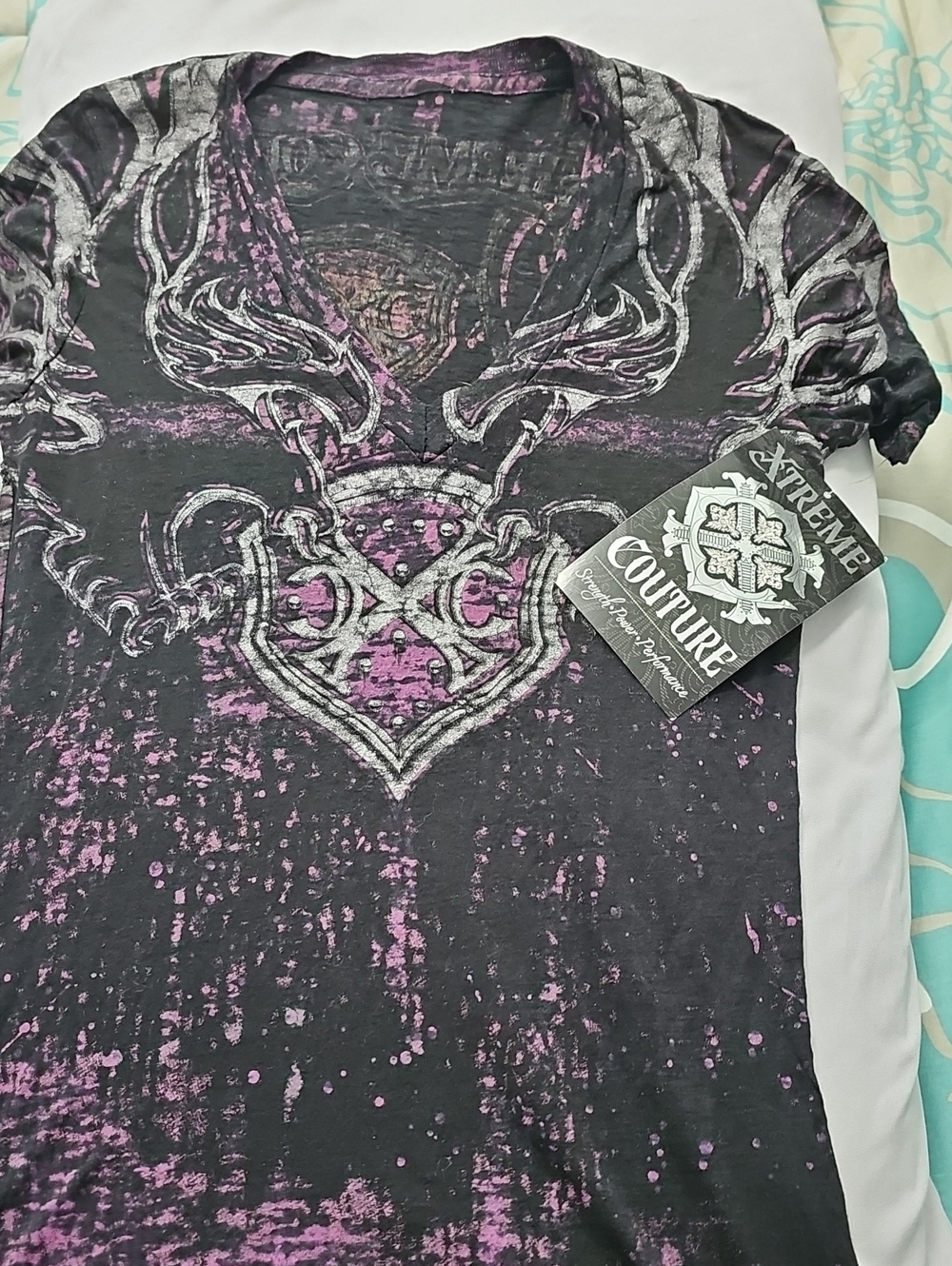 Brand NEW Extreme Couture Women's Black & Purple V-Neck Graphic Tee